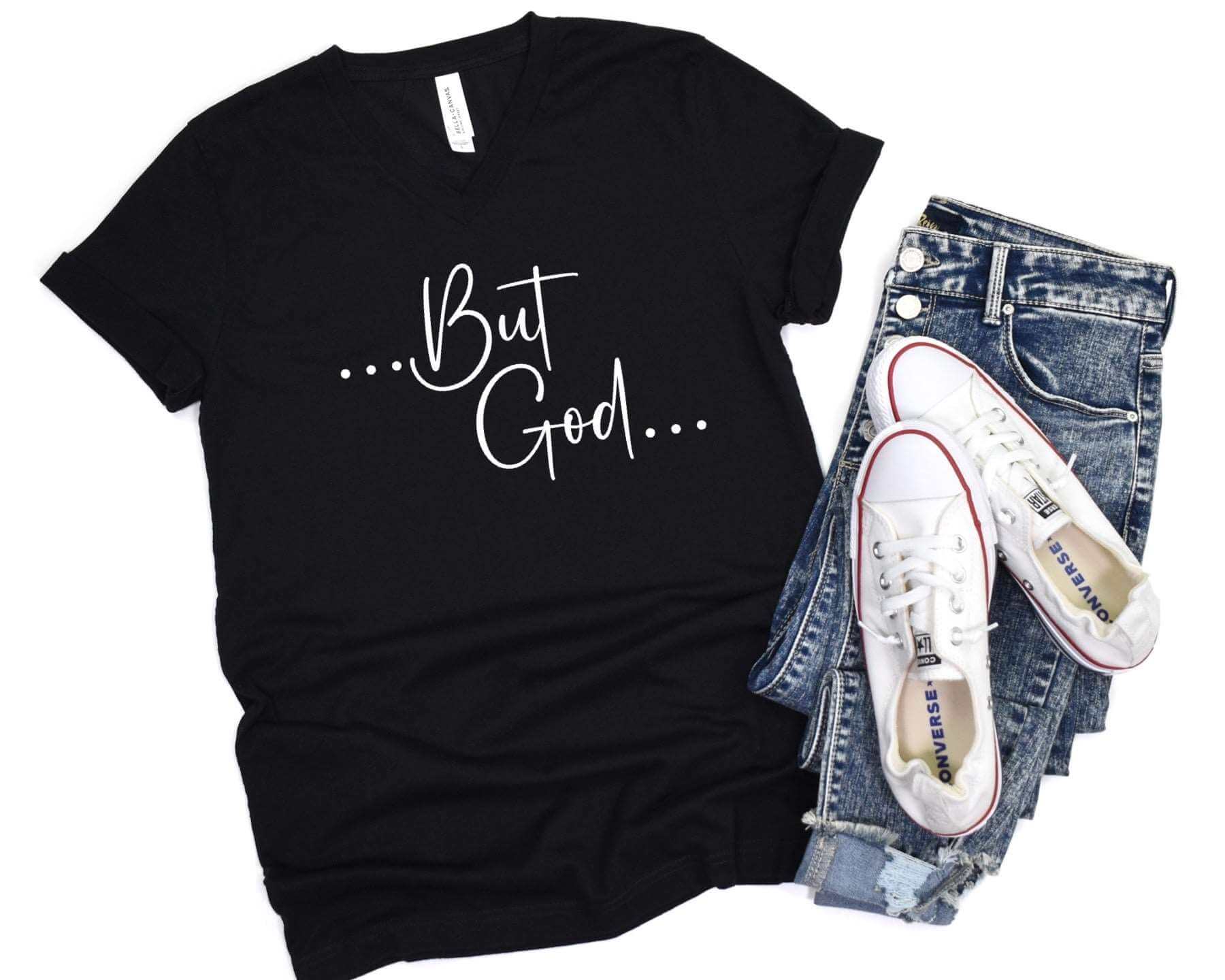 But God Ladies Short Sleeve V-Neck Tee - Premium V-neck -  Follower Of Faith Apparel but God tee, but God v neck, Cotton, Jesus tees for ladies, ladies Christian apparel, Ladies Christian T Shirts, ladies Christian tees, ladies Short sleeve, ladies Short Sleeve t shirt, ladies short sleeve v-neck tee, Neck Labels, new, newest arrival, Regular fit, short sleeve ladies Christian shirt, T-shirts, Unisex, V-neck, Valentine's Day Picks, Women's Clothing Shop our Christian T-Shirts & Apparel