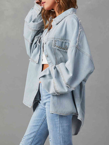 Button Down Raw Hem Denim Jacket - Premium Jacket -  Follower Of Faith Apparel Jacket, Long length jacket, Ship From Overseas, Y.Y@Denim Shop our Christian T-Shirts & Apparel