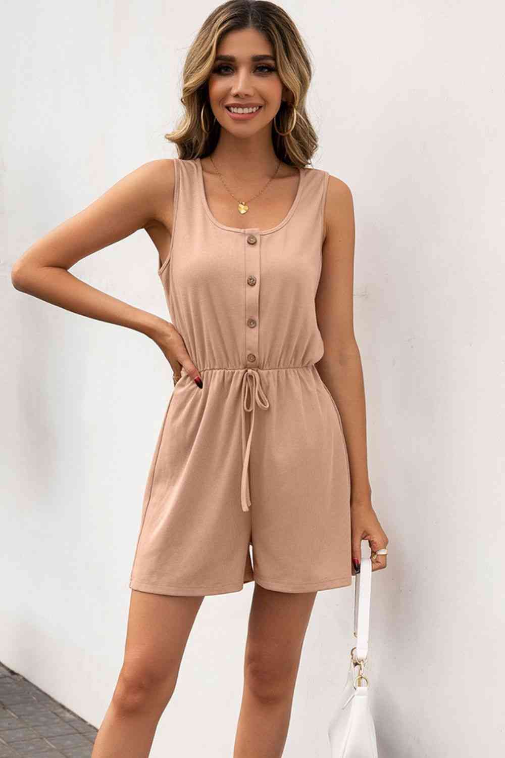 Buttoned Round Neck Sleeveless Romper (several colors) - Premium Ladies Rompers -  Follower Of Faith Apparel Beige romper, Ladies Romper, Rompers, Sale, Ship From Overseas, Shipping delay January 31 - February 18, Vacation, Vacation apparel, vacation clothing, Vacation outfit, Vacation outfits, womens apparel, Womens romper, womens wear, Women’s romper, Y&BL Shop our Christian T-Shirts & Apparel