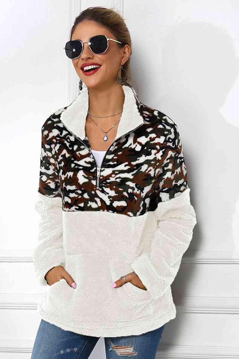 Camo Zip-Up Turtle Neck Dropped Shoulder Ladies Sweatshirt - Premium Sweatshirt -  Follower Of Faith Apparel Fuzzy sweatshirt, Ladies sweatshirt, Ladies sweatshirts, Leopard, Leopard half zip, Leopard print, Leopard print sweatshirt, Leopard sweatshirts, new, new arrival, new arrivals, newest arrival, Ship From Overseas, Y&BL Shop our Christian T-Shirts & Apparel