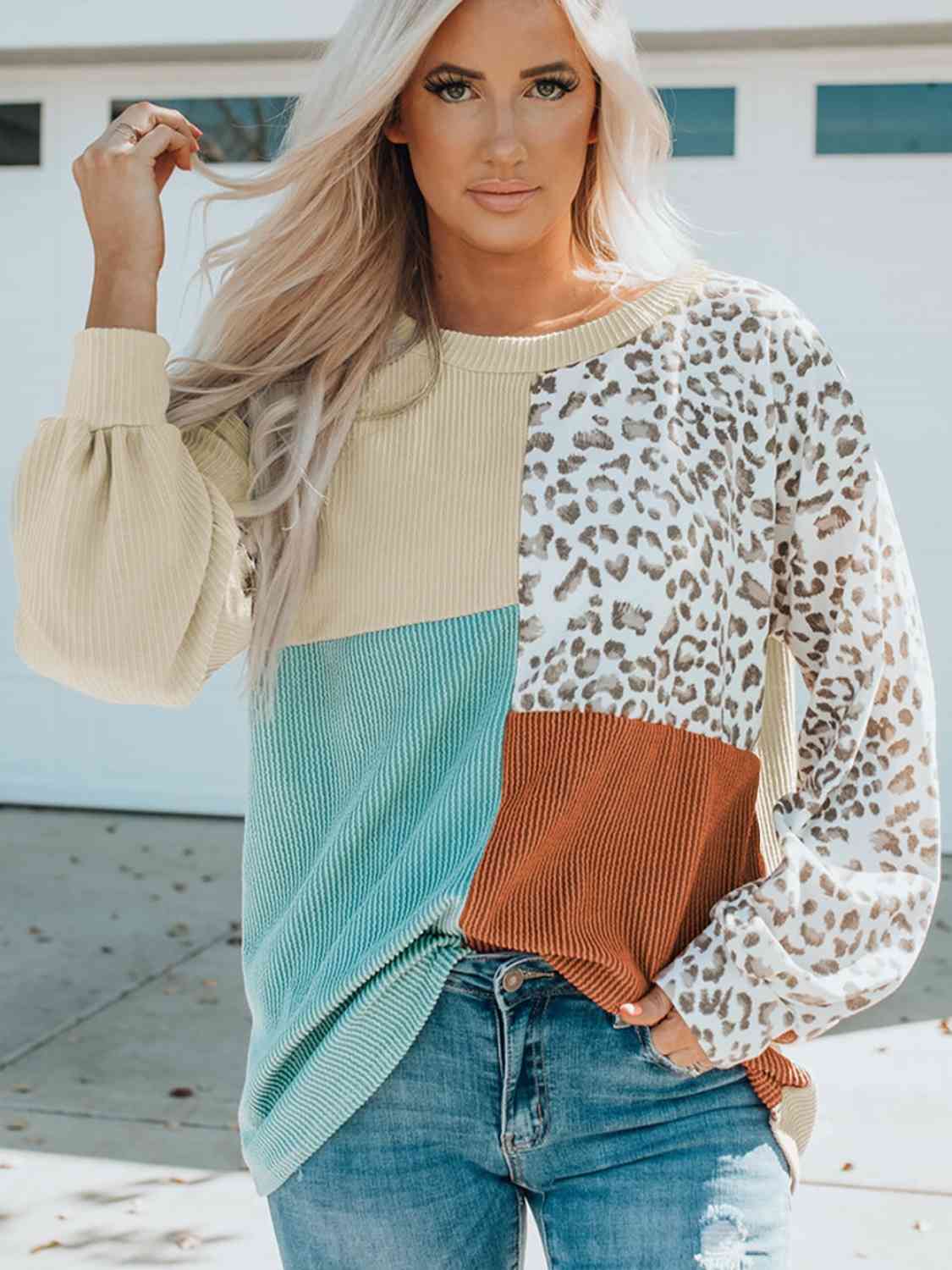 Color Block Leopard Round Neck Sweatshirt - Premium Sweatshirt -  Follower Of Faith Apparel A@X@E, christian leopard and turquoise print t shirt, Color block, Cowgirl leopard cowhide print shirt, Cut and sew, Leopard, Leopard print, Leopard print sweatshirt, Leopard sweatshirts, Ship From Overseas, Stylish sweatshirt, Viral sweatshirt Shop our Christian T-Shirts & Apparel