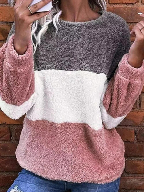 Color Block Round Neck Long Sleeve Ladies Sweatshirt - Premium Sweatshirt -  Follower Of Faith Apparel Fuzzy sweatshirt, Ladies sweatshirt, Ladies sweatshirts, new, new arrival, new arrivals, P@B@Z, Ship From Overseas Shop our Christian T-Shirts & Apparel