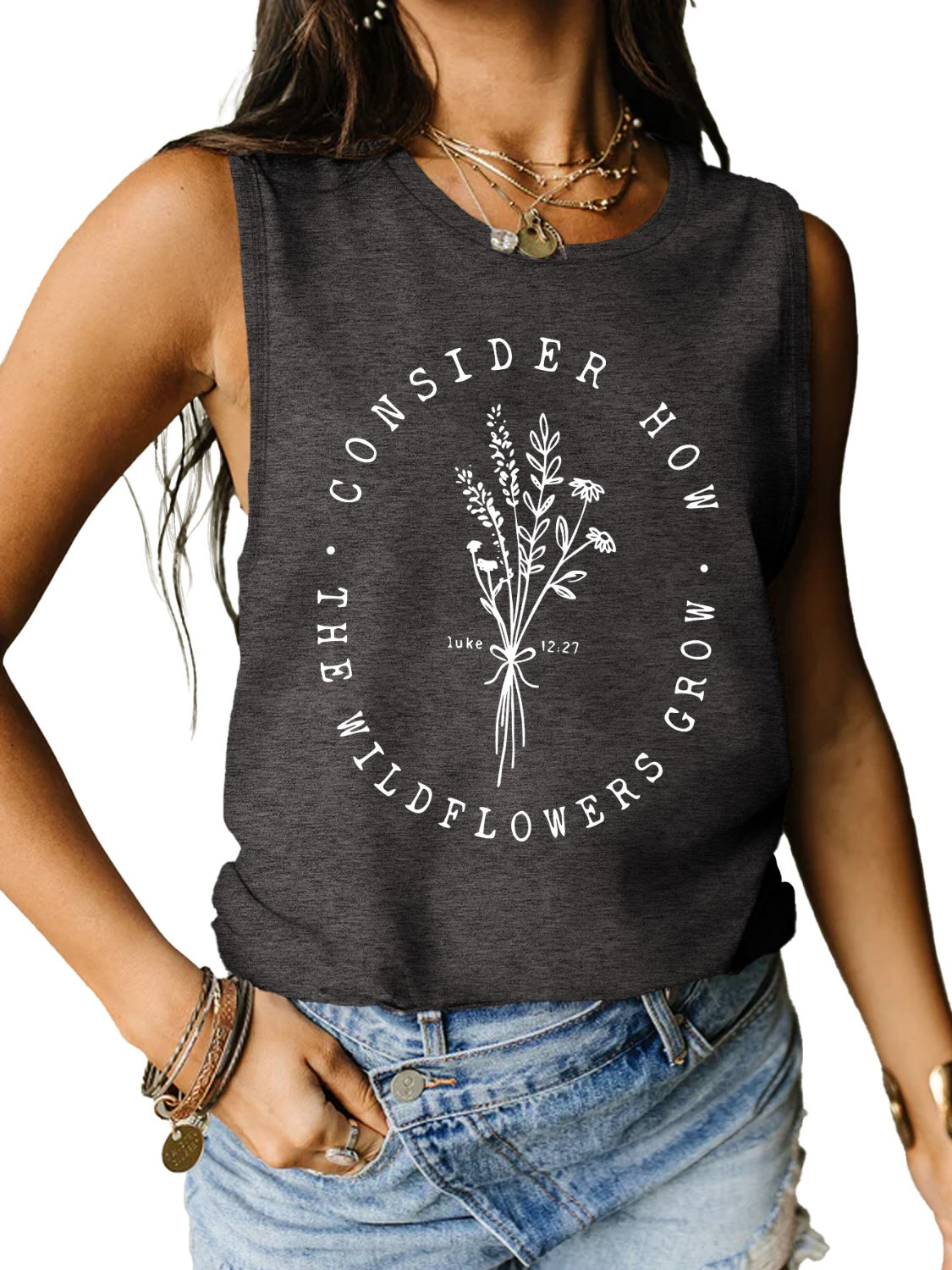 Consider How The Wildflowers Grow Ladies Tank Top - Premium Ladies Tank Top -  Follower Of Faith Apparel Bible verse apparel, Bible verse tank top, ladies tank top, Ladies Tank Tops, Luke 12:27 tank top, Luke 12:27 tee, S.J.F.S, Scripture tank top, Ship From Overseas, Womens christian tank top, Womens tank top Shop our Christian T-Shirts & Apparel