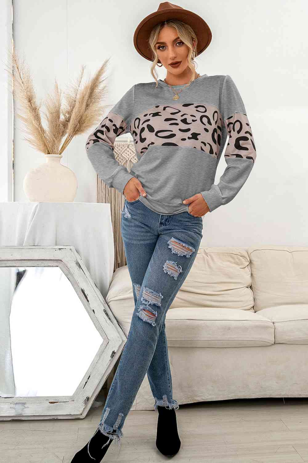 Contrast Leopard Crewneck Ladies Sweatshirt - Premium Sweatshirt -  Follower Of Faith Apparel new, new arrival, new arrivals, Ship From Overseas, Y&BL Shop our Christian T-Shirts & Apparel