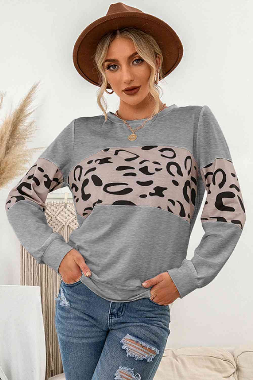 Contrast Leopard Crewneck Ladies Sweatshirt - Premium Sweatshirt -  Follower Of Faith Apparel new, new arrival, new arrivals, Ship From Overseas, Y&BL Shop our Christian T-Shirts & Apparel