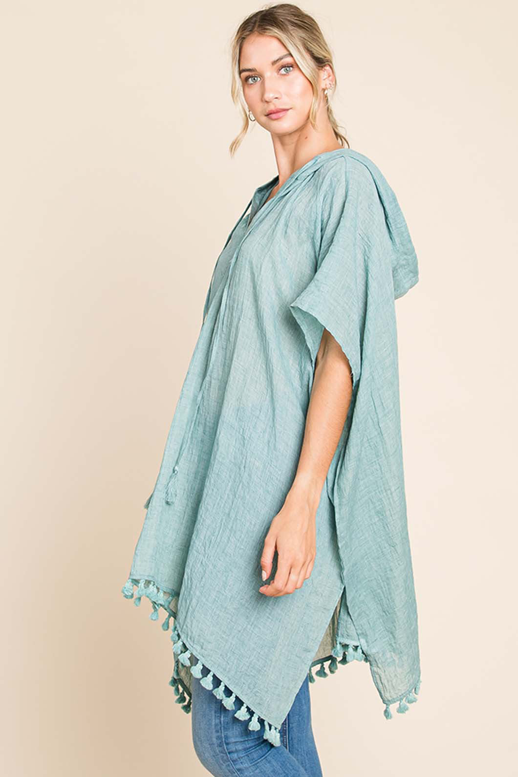 Cotton Bleu by Nu Label Tassel Hem Hooded Cover Up - Premium Ladies Coverup -  Follower Of Faith Apparel CottonBleu, Ship from USA Shop our Christian T-Shirts & Apparel