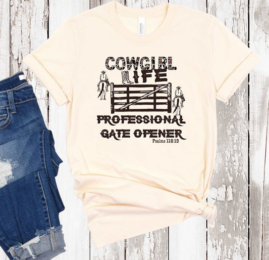 Cowgirl Life Professional Gate Opener Ladies T-Shirt - Premium T-Shirt -  Follower Of Faith Apparel 2 day delivery, Christian cowgirl shirts, Cotton, cowgirl life, Cowgirl life t shirts, Cowgirl t shirts, DTG, Express delivery, Fast delivery, Ladies Short sleeve tee, Neck Labels, new, new arrivals, Professional Gate Opener, Professional gate opener t shirt, Regular fit, T shirts for cowgirls, T-shirts, Unisex, Women's Clothing, Women’s Christian apparel Shop our Christian T-Shirts & Apparel