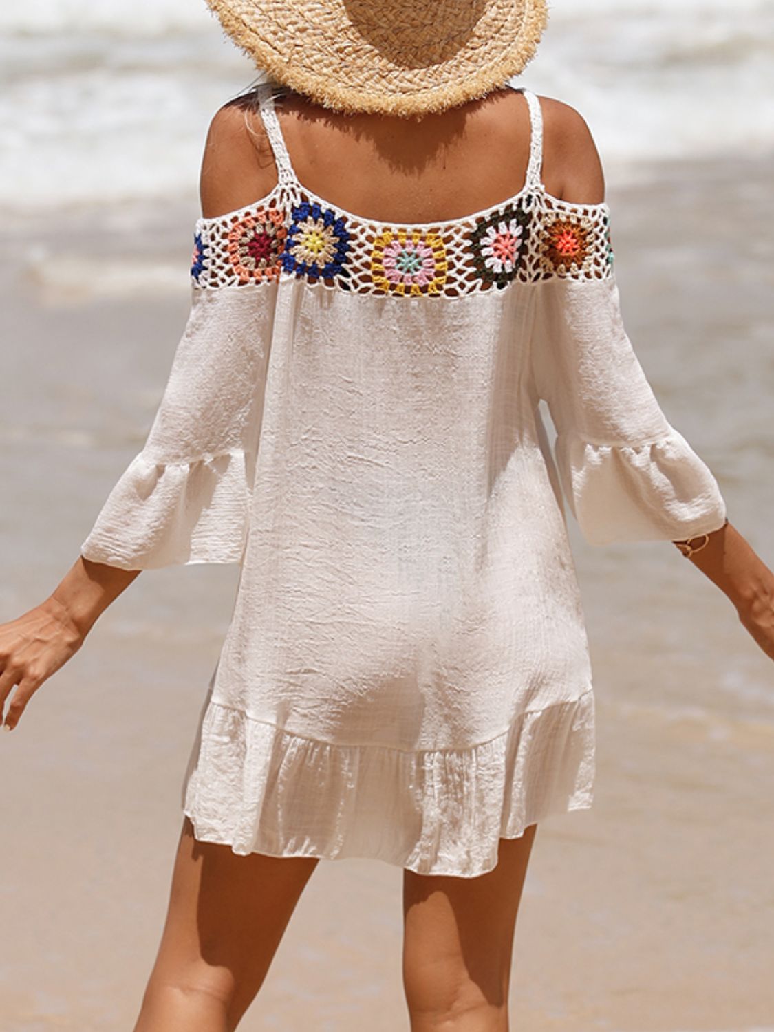 Crochet Cold Shoulder 3/4 Sleeve Cover Up (several colors) - Premium Ladies cover up -  Follower Of Faith Apparel beach apparel, Beach cover up for women, Beach vacation clothing, C@Y, Crochet Cold Shoulder, new arrival, new arrivals, Sale, Ship From Overseas, Stylish beach cover up, Summertime cover up for women, Three quarter sleeve cover up, Womens cover up, Women’s beach wear Shop our Christian T-Shirts & Apparel