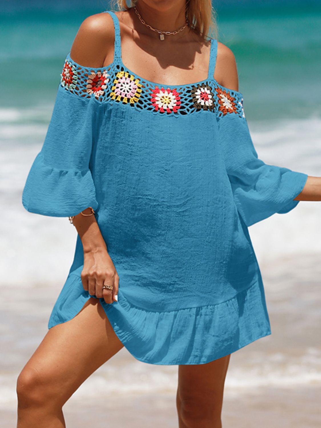 Crochet Cold Shoulder 3/4 Sleeve Cover Up (several colors) - Premium Ladies cover up -  Follower Of Faith Apparel beach apparel, Beach cover up for women, Beach vacation clothing, C@Y, Crochet Cold Shoulder, new arrival, new arrivals, Sale, Ship From Overseas, Stylish beach cover up, Summertime cover up for women, Three quarter sleeve cover up, Womens cover up, Women’s beach wear Shop our Christian T-Shirts & Apparel