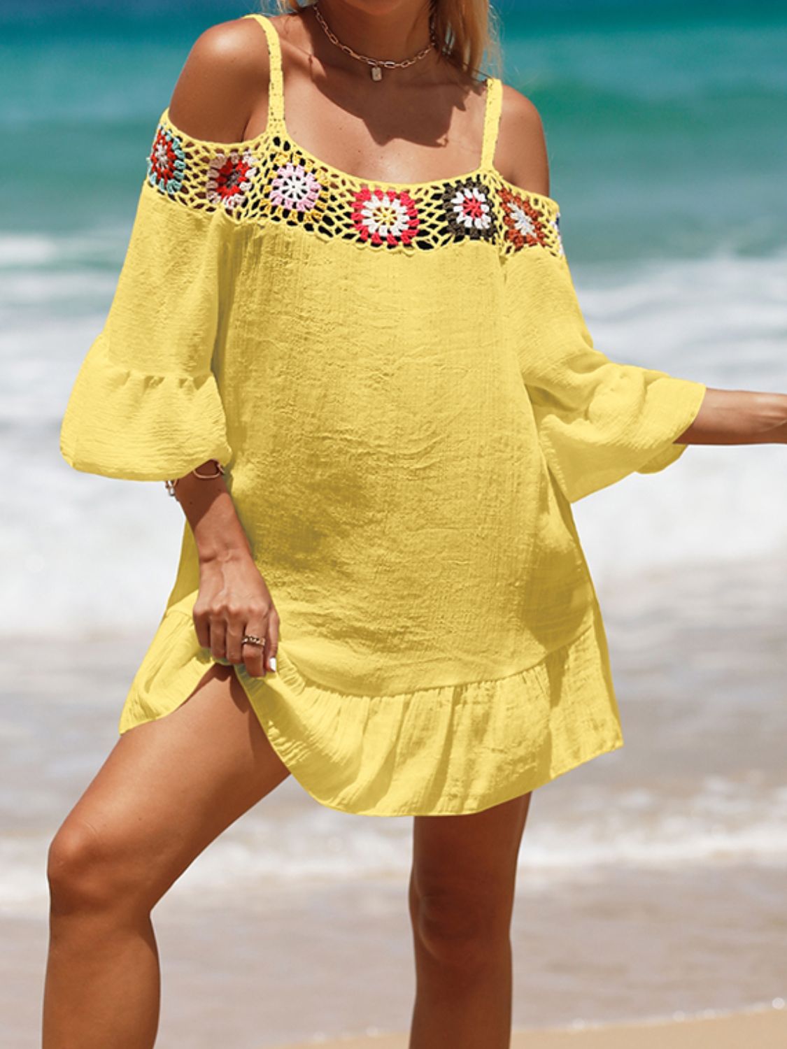 Crochet Cold Shoulder Three-Quarter Sleeve Cover Up - Premium Ladies cover up -  Follower Of Faith Apparel beach apparel, Beach cover up for women, Beach vacation clothing, C@Y, Crochet Cold Shoulder, new arrival, new arrivals, Sale, Ship From Overseas, Stylish beach cover up, Summertime cover up for women, Three quarter sleeve cover up, Womens cover up, Women’s beach wear Shop our Christian T-Shirts & Apparel