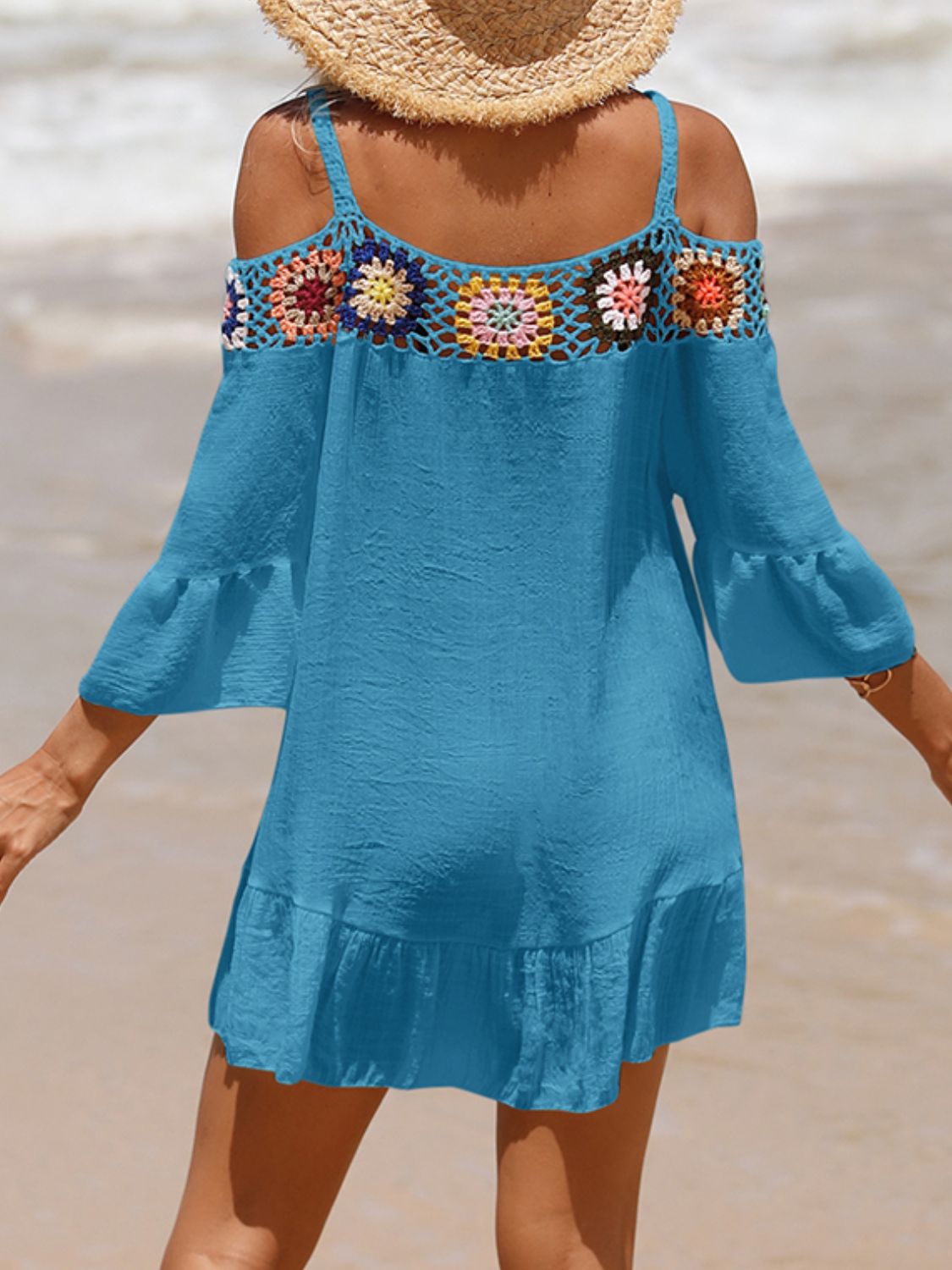 Crochet Cold Shoulder 3/4 Sleeve Cover Up (several colors) - Premium Ladies cover up -  Follower Of Faith Apparel beach apparel, Beach cover up for women, Beach vacation clothing, C@Y, Crochet Cold Shoulder, new arrival, new arrivals, Sale, Ship From Overseas, Stylish beach cover up, Summertime cover up for women, Three quarter sleeve cover up, Womens cover up, Women’s beach wear Shop our Christian T-Shirts & Apparel