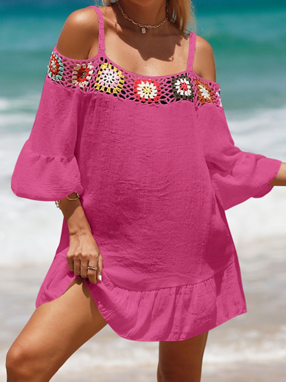 Crochet Cold Shoulder Three-Quarter Sleeve Cover Up - Premium Ladies cover up -  Follower Of Faith Apparel beach apparel, Beach cover up for women, Beach vacation clothing, C@Y, Crochet Cold Shoulder, new arrival, new arrivals, Sale, Ship From Overseas, Stylish beach cover up, Summertime cover up for women, Three quarter sleeve cover up, Womens cover up, Women’s beach wear Shop our Christian T-Shirts & Apparel