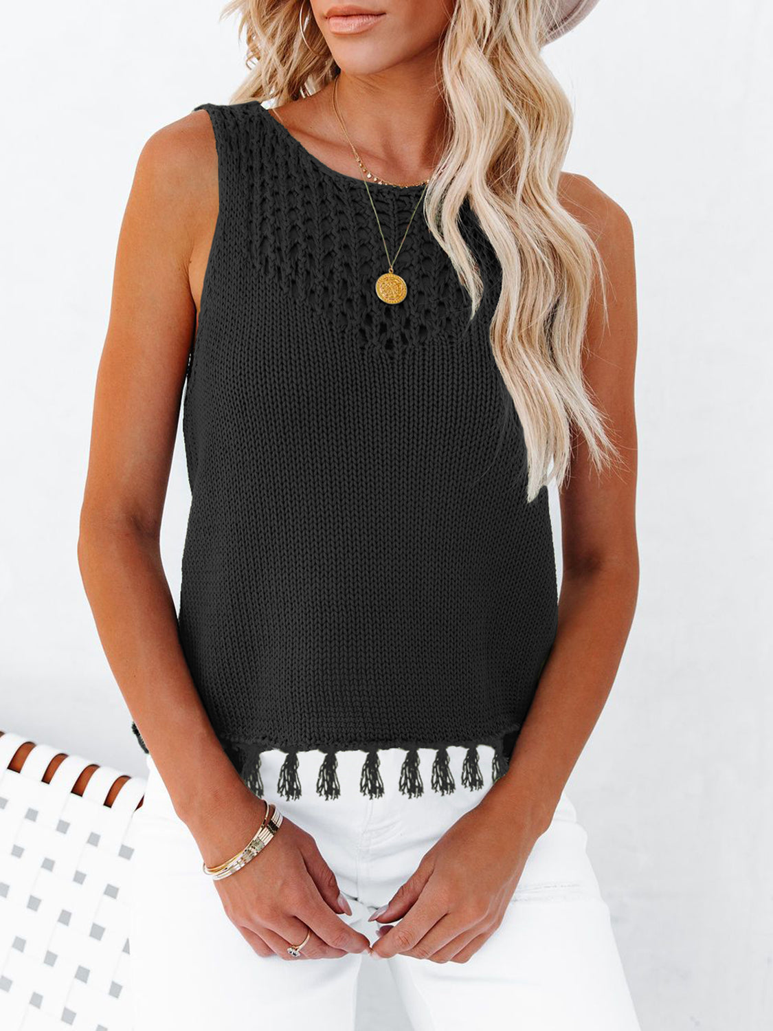 Cutout Tassel Round Neck Tank - Premium Ladies Tank Top -  Follower Of Faith Apparel SF Knit, Ship From Overseas Shop our Christian T-Shirts & Apparel