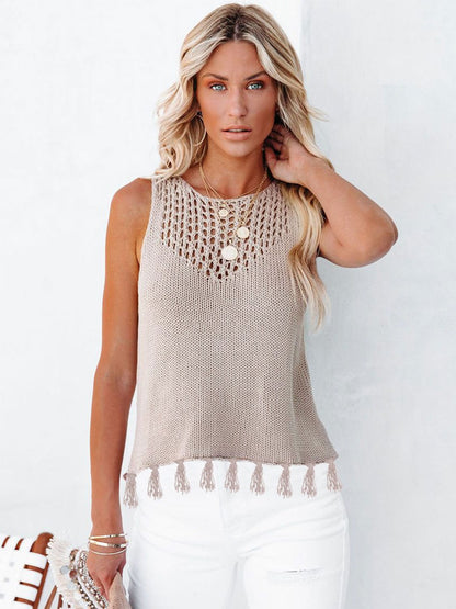 Cutout Tassel Round Neck Tank - Premium Ladies Tank Top -  Follower Of Faith Apparel SF Knit, Ship From Overseas Shop our Christian T-Shirts & Apparel