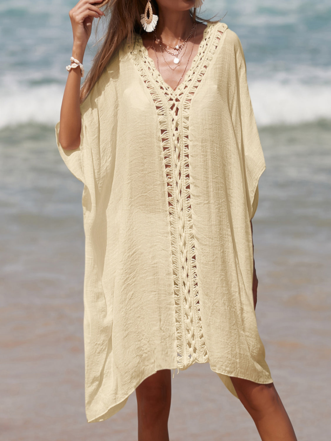 Cutout Three-Quarter Sleeve Cover Up (several colors) - Premium Ladies Coverup -  Follower Of Faith Apparel Beach cover up for women, Bohemian cover up, Boho cover up, Boho swim suit cover up, C@Y, Cover up dress, Half sleeve Cover up, Ladies cover up, new arrival, new arrivals, Sale, Ship From Overseas, Stylish beach cover up, Summer cover up, Swimsuit cover up, Womens cover up Shop our Christian T-Shirts & Apparel