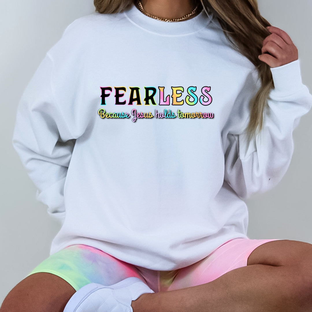 Fearless Because Jesus Holds Tomorrow Sweatshirt - Premium Sweatshirt -  Follower Of Faith Apparel Christian sweatshirt, Crew neck, DTG, Fearless because Jesus holds tomorrow shirt, Jesus sweatshirt, Neck Labels, Regular fit, Sweatshirts, TikTok, Unisex, Women's Clothing, Womens fearless sweatshirt, Womens winter apparel, Women’s faith clothing Shop our Christian T-Shirts & Apparel