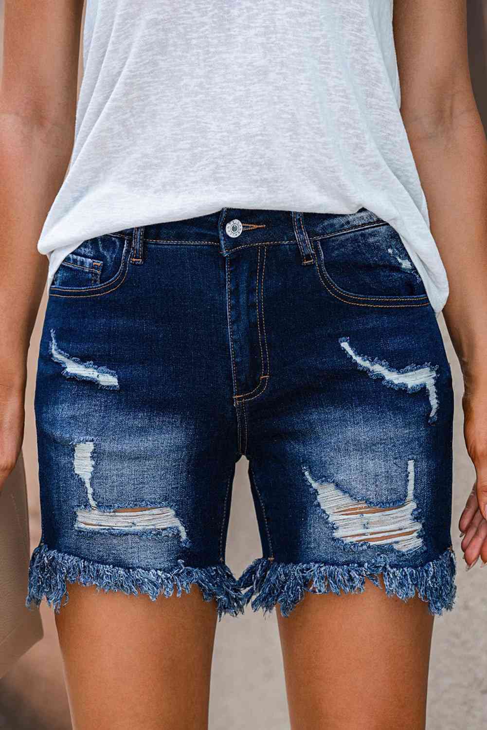 Daisy Distressed Frayed Hem Ladies Denim Shorts - Premium Ladies shorts -  Follower Of Faith Apparel Freyed shorts, Fringe, Fringe shorts, ladies distressed shorts, Ladies raw hem shorts, Ladies Shorts, new arrival, new arrivals, raw hem, raw hem shorts, Sale, Ship From Overseas, Shipping delay February 8 - February 16, SYNZ, womens apparel, Womens bottoms, Womens shorts, Womens summer shorts Shop our Christian T-Shirts & Apparel