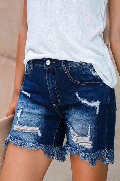 Daisy Distressed Frayed Hem Ladies Denim Shorts - Premium Ladies shorts -  Follower Of Faith Apparel Freyed shorts, Fringe, Fringe shorts, ladies distressed shorts, Ladies raw hem shorts, Ladies Shorts, new arrival, new arrivals, raw hem, raw hem shorts, Sale, Ship From Overseas, Shipping delay February 8 - February 16, SYNZ, womens apparel, Womens bottoms, Womens shorts, Womens summer shorts Shop our Christian T-Shirts & Apparel