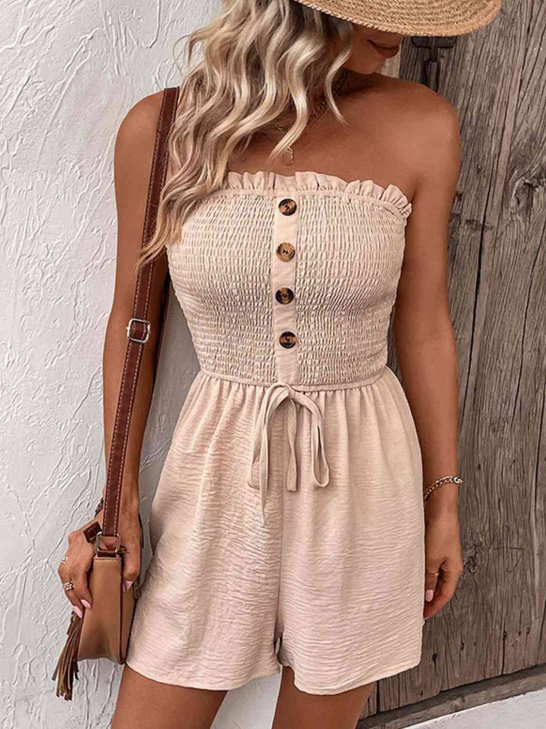 Decorative Button Smocked Strapless Romper - Premium Ladies Rompers -  Follower Of Faith Apparel Beige, Beige romper, Hundredth, Ladies Romper, romper jumpsuit, Rompers, Ship From Overseas, Shipping delay February 4 - February 17, womens apparel, Womens romper, womens wear, Women’s romper Shop our Christian T-Shirts & Apparel