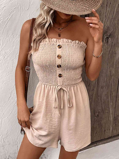 Decorative Button Smocked Strapless Romper - Premium Ladies Rompers -  Follower Of Faith Apparel Beige, Beige romper, Hundredth, Ladies Romper, romper jumpsuit, Rompers, Ship From Overseas, Shipping delay February 4 - February 17, womens apparel, Womens romper, womens wear, Women’s romper Shop our Christian T-Shirts & Apparel