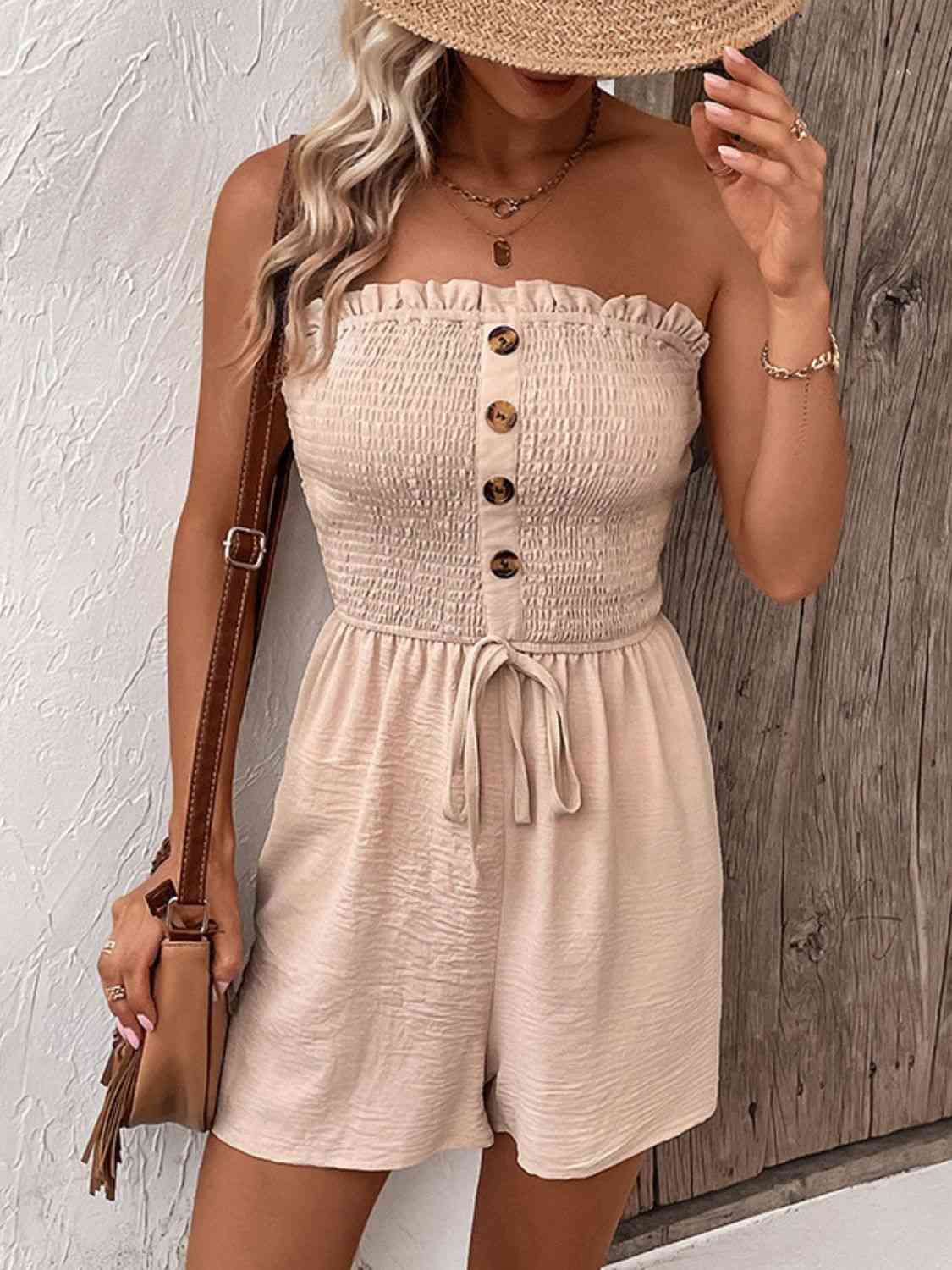 Decorative Button Smocked Strapless Romper - Premium Ladies Rompers -  Follower Of Faith Apparel Beige, Beige romper, Hundredth, Ladies Romper, romper jumpsuit, Rompers, Ship From Overseas, Shipping delay February 4 - February 17, womens apparel, Womens romper, womens wear, Women’s romper Shop our Christian T-Shirts & Apparel