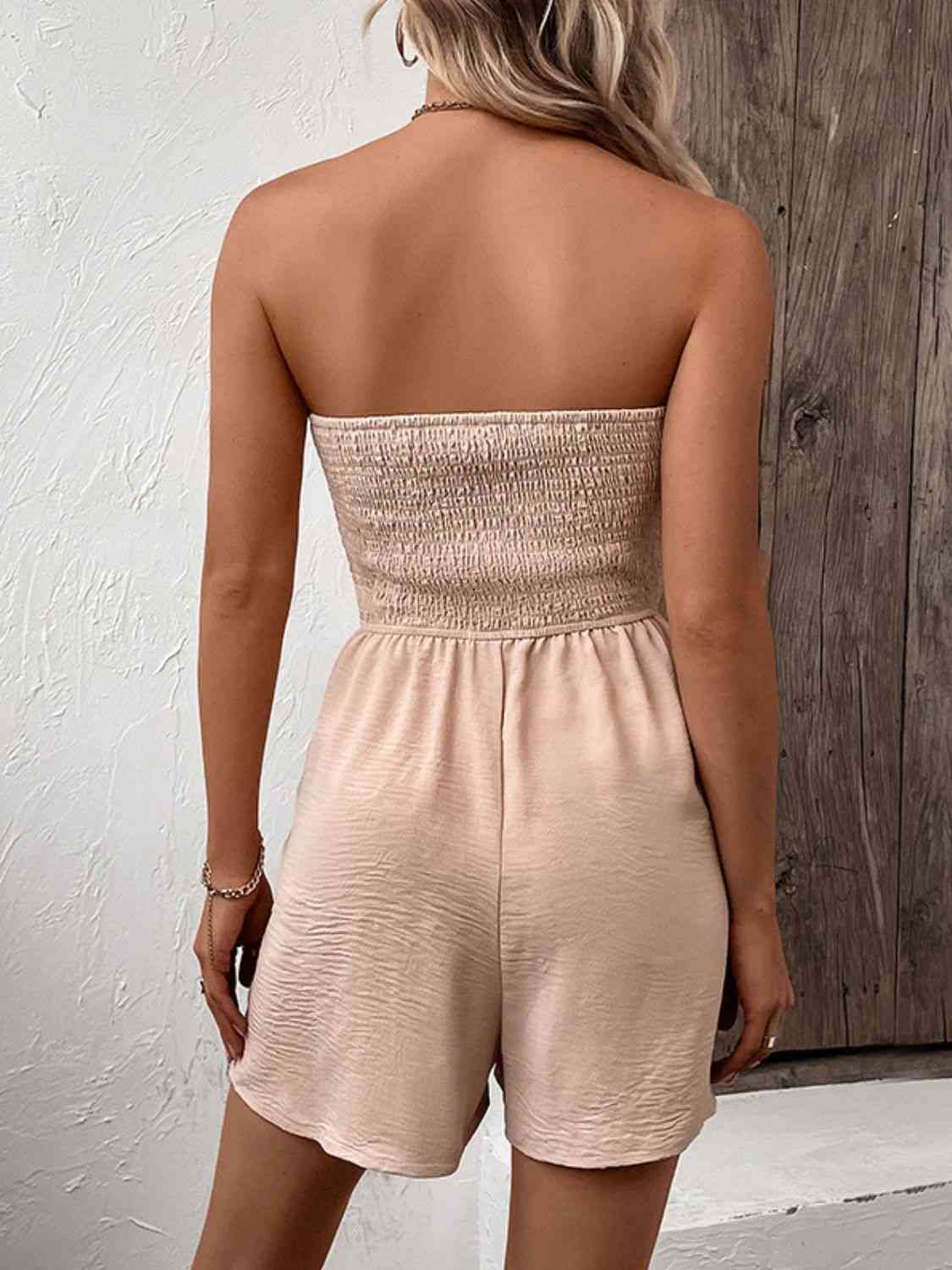 Decorative Button Smocked Strapless Romper - Premium Ladies Rompers -  Follower Of Faith Apparel Beige, Beige romper, Hundredth, Ladies Romper, romper jumpsuit, Rompers, Ship From Overseas, Shipping delay February 4 - February 17, womens apparel, Womens romper, womens wear, Women’s romper Shop our Christian T-Shirts & Apparel