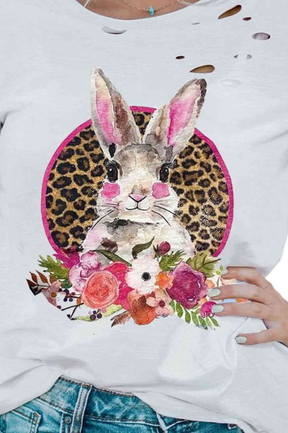 Distressed Floral Leopard Easter Bunny Ladies Short Sleeve Tee{{ shop.domain }TrendsiApparel for Easter, Easter bunny tee, Easter tee, Floral, Floral design, floral tee, Holiday Easter,