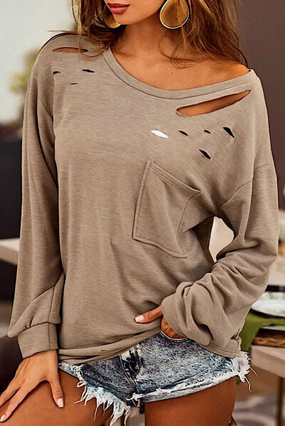 Distressed Pocketed Ladies Long  Sleeve T-Shirt - Follower Of Faith Apparel