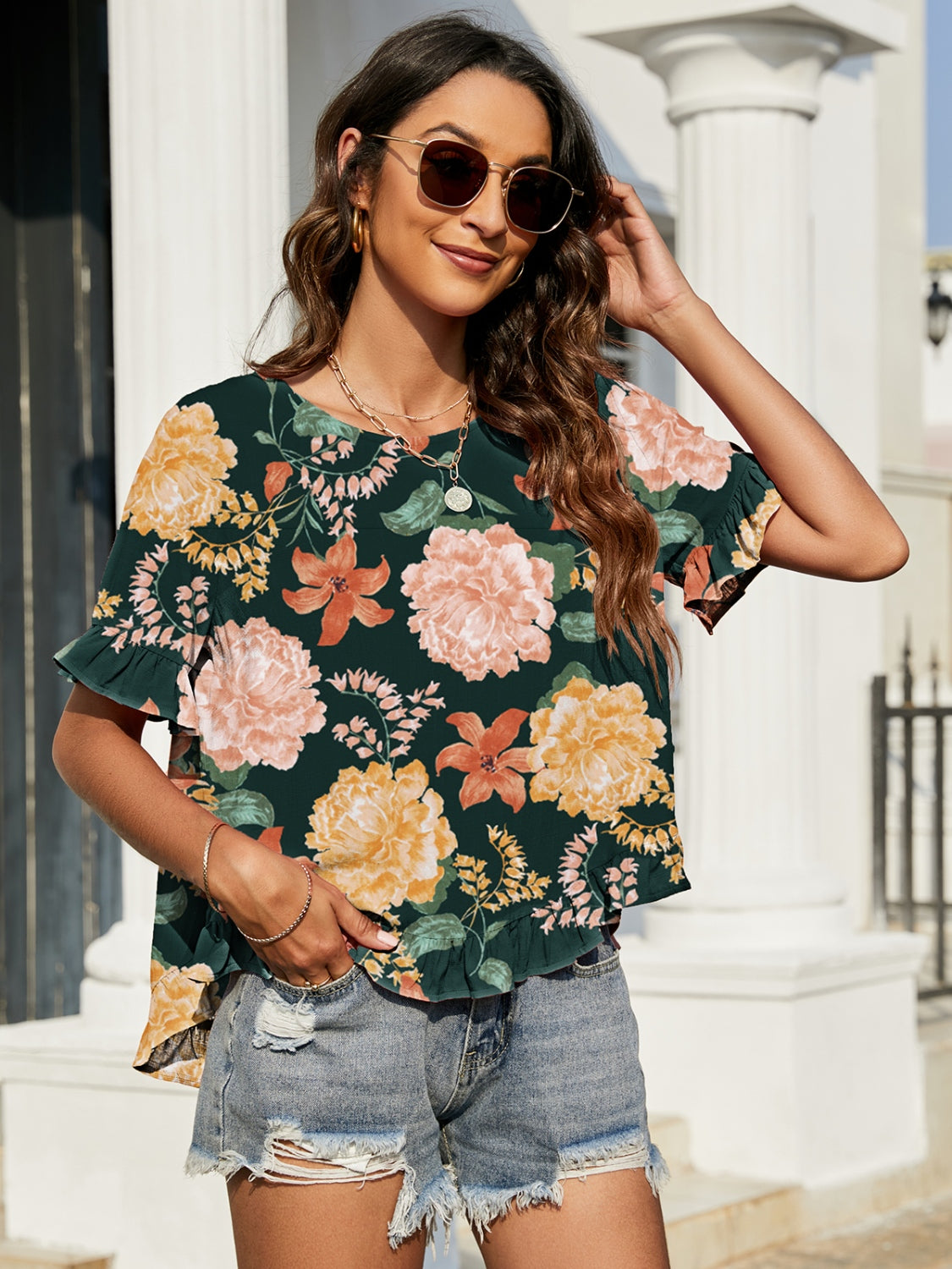 Double Take Floral Ruffled Ladies Top - Premium Ladies T-Shirt -  Follower Of Faith Apparel Double Take, Fast delivery, fast shipping, Floral, Floral top, Ladies tops, new arrival, new arrivals, Sale, Ship from USA, Womens floral top Shop our Christian T-Shirts & Apparel