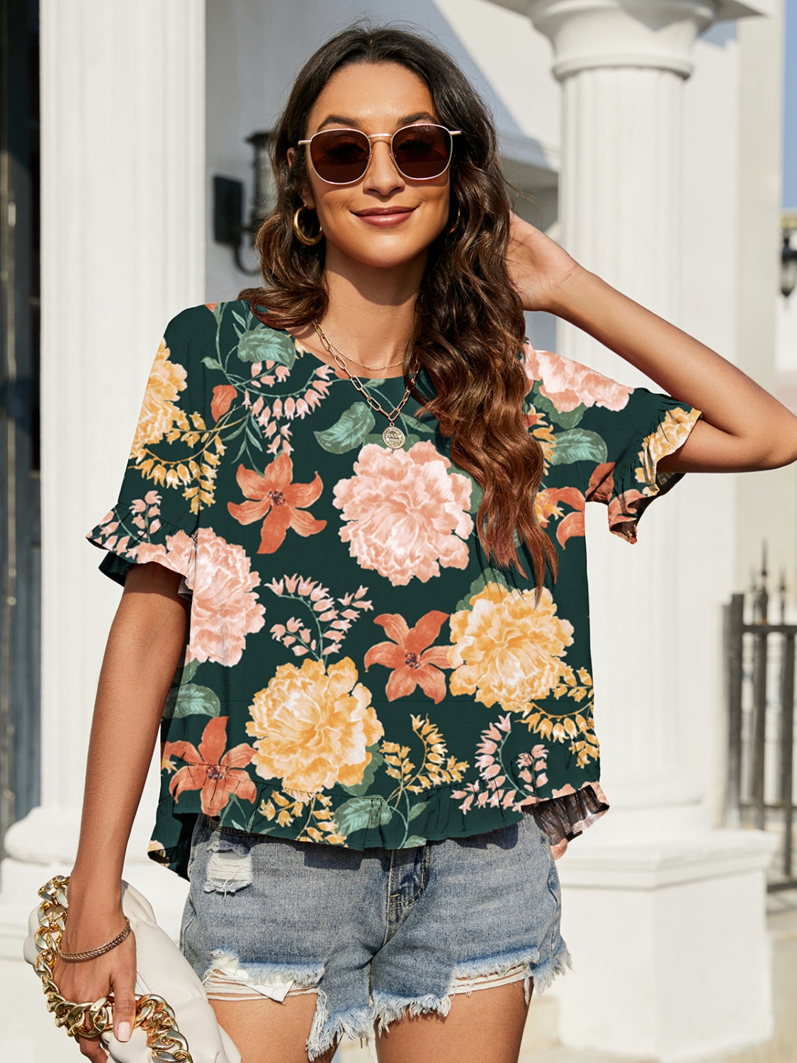 Double Take Floral Ruffled Ladies Top - Premium Ladies T-Shirt -  Follower Of Faith Apparel Double Take, Fast delivery, fast shipping, Floral, Floral top, Ladies tops, new arrival, new arrivals, Sale, Ship from USA, Womens floral top Shop our Christian T-Shirts & Apparel