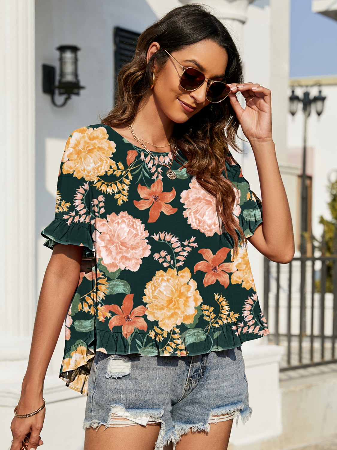 Double Take Floral Ruffled Ladies Top - Premium Ladies T-Shirt -  Follower Of Faith Apparel Double Take, Fast delivery, fast shipping, Floral, Floral top, Ladies tops, new arrival, new arrivals, Sale, Ship from USA, Womens floral top Shop our Christian T-Shirts & Apparel