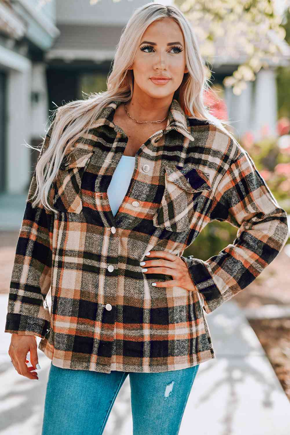 Double Take Plaid Button Front Shirt Jacket with Breast Pockets - Premium Jacket -  Follower Of Faith Apparel Double Take, Jacket, Plaid jacket, Ship From Overseas Shop our Christian T-Shirts & Apparel