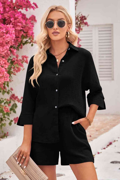 Double Take Textured Shirt and Elastic Waist Shorts Ladies Set - Premium  -  Follower Of Faith Apparel Black button up shirt, Black Friday, Double Take, Ladies long sleeve, Ladies sets, Ship from USA Shop our Christian T-Shirts & Apparel