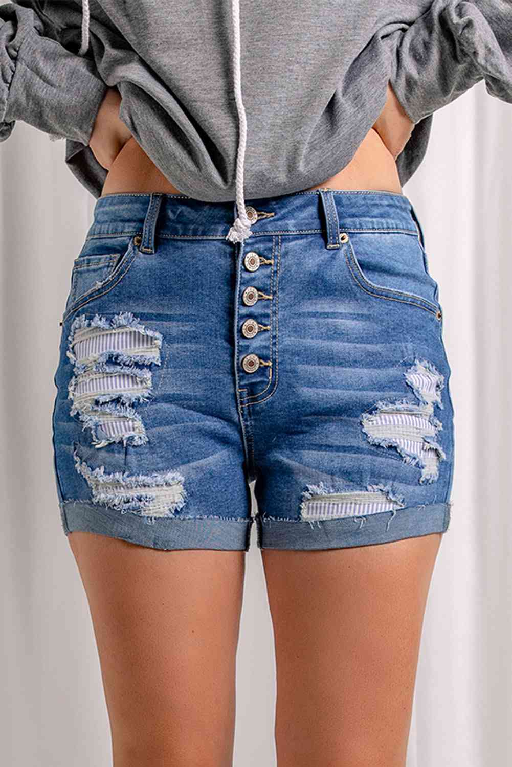 Emma Distressed Button Fly Striped Lining Ladies Denim Shorts - Premium Shorts -  Follower Of Faith Apparel acid wash, cuffed shorts, Distressed shorts, ladies distressed shorts, Ladies Shorts, new, new arrival, Regular fit, Sale, Ship From Overseas, Shorts, SYNZ Shop our Christian T-Shirts & Apparel