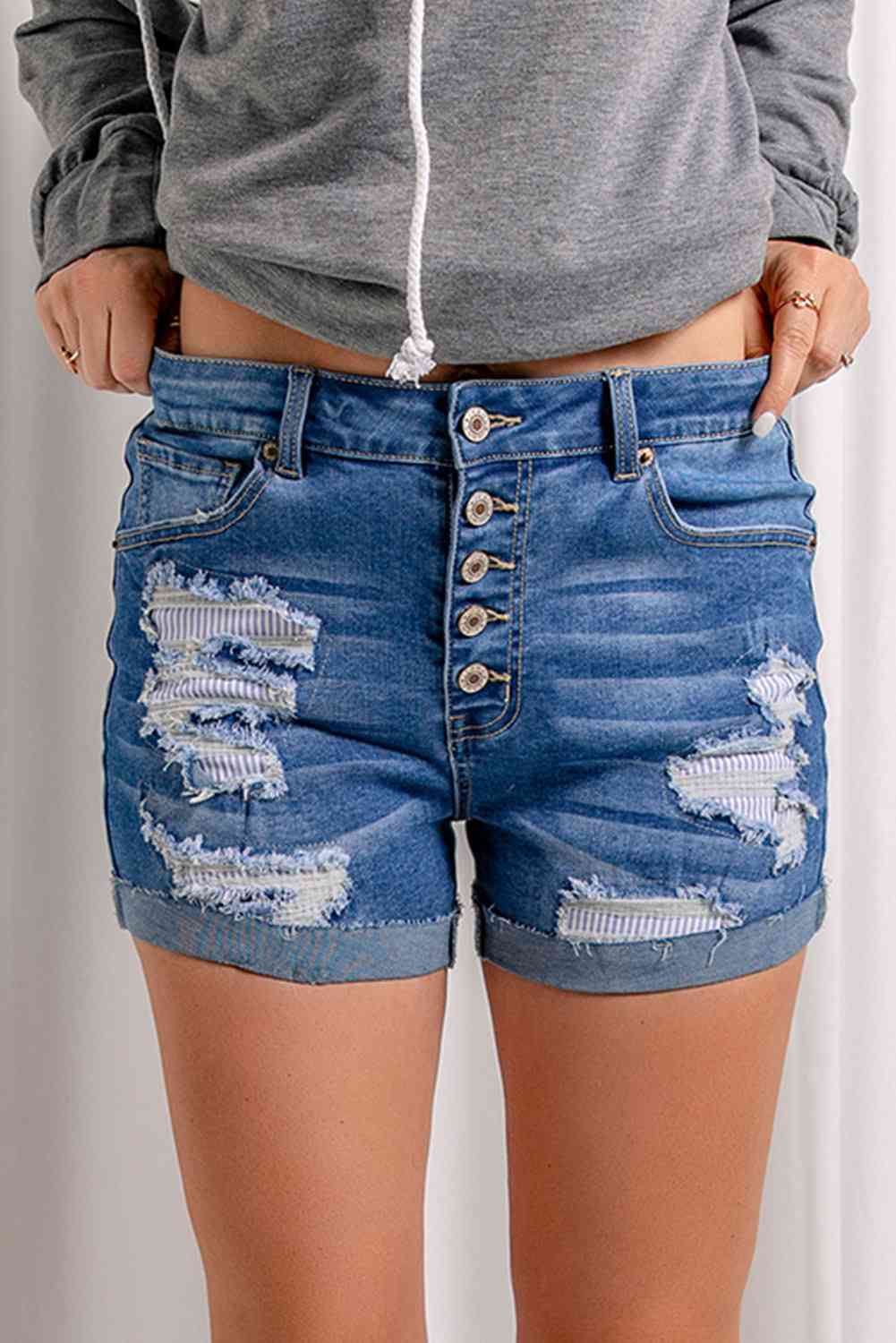 Emma Distressed Button Fly Striped Lining Ladies Denim Shorts - Premium Shorts -  Follower Of Faith Apparel acid wash, cuffed shorts, Distressed shorts, ladies distressed shorts, Ladies Shorts, new, new arrival, Regular fit, Sale, Ship From Overseas, Shorts, SYNZ Shop our Christian T-Shirts & Apparel