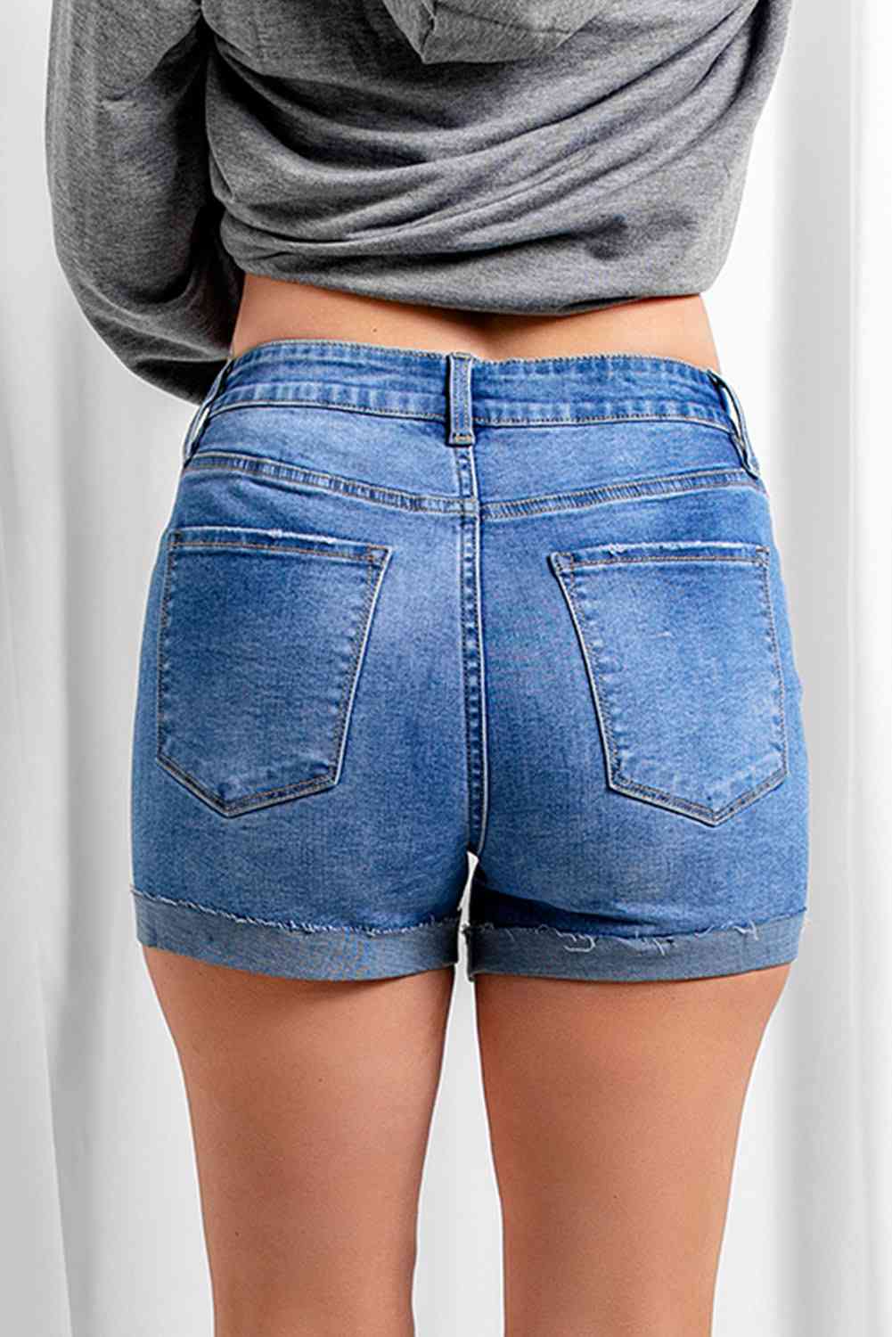 Emma Distressed Button Fly Striped Lining Ladies Denim Shorts - Premium Shorts -  Follower Of Faith Apparel acid wash, cuffed shorts, Distressed shorts, ladies distressed shorts, Ladies Shorts, new, new arrival, Regular fit, Sale, Ship From Overseas, Shorts, SYNZ Shop our Christian T-Shirts & Apparel