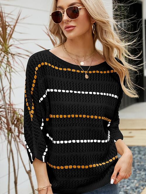 Eyelet Striped Round Neck Knit Ladies Top - Premium Ladies top -  Follower Of Faith Apparel Ship From Overseas, Yh Shop our Christian T-Shirts & Apparel