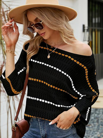 Eyelet Striped Round Neck Knit Ladies Top - Premium Ladies top -  Follower Of Faith Apparel Ship From Overseas, Yh Shop our Christian T-Shirts & Apparel