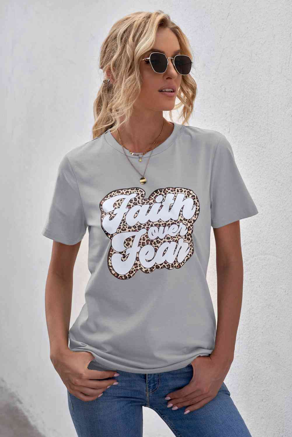 FAITH OVER FEAR Ladies Short Sleeve Graphic Tee{{ shop.domain }TrendsiAnimal print Christian t shirts, Animal print Christian tees, Christian T shirt, Christian T shirt f