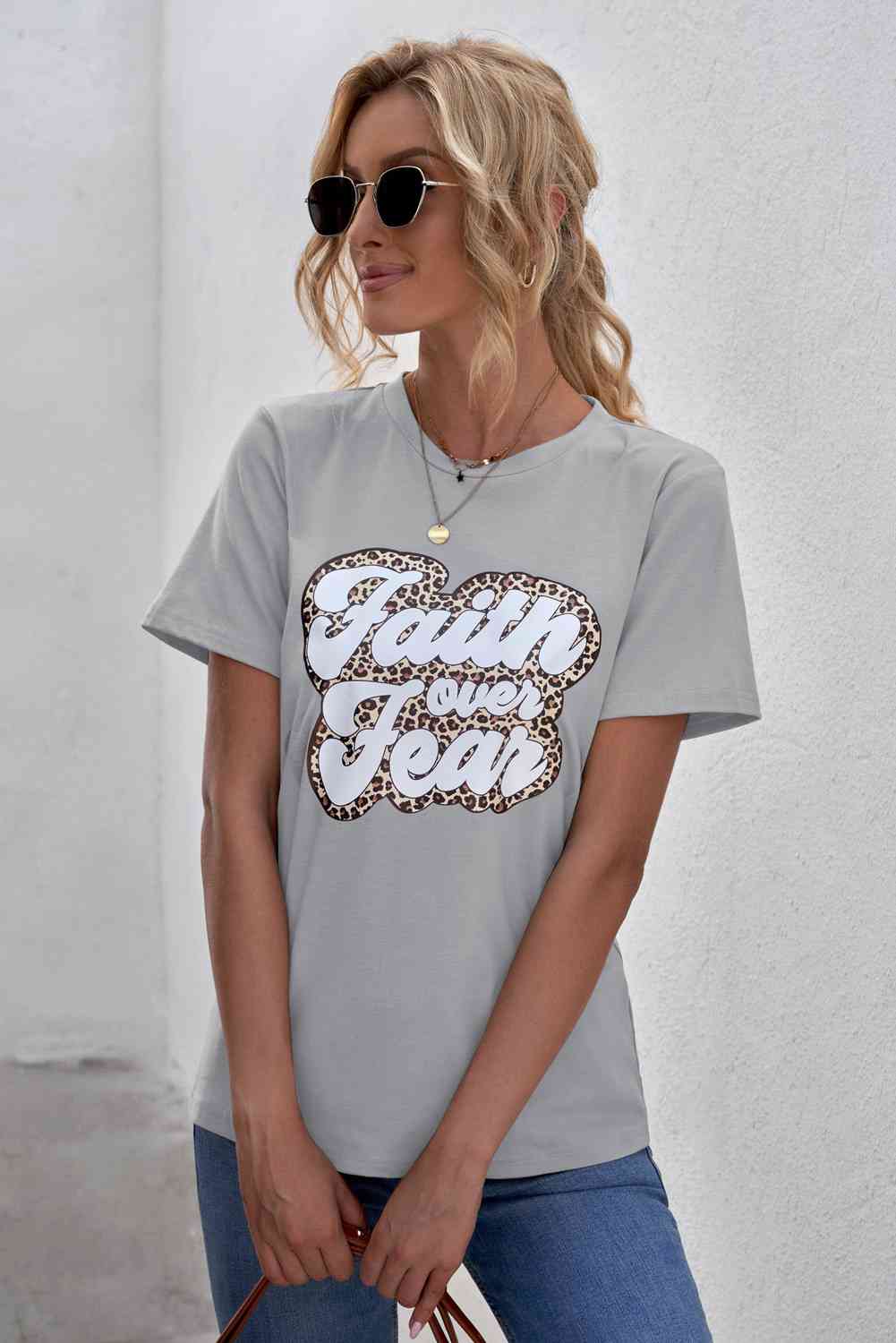 FAITH OVER FEAR Ladies Short Sleeve Graphic Tee{{ shop.domain }TrendsiAnimal print Christian t shirts, Animal print Christian tees, Christian T shirt, Christian T shirt f