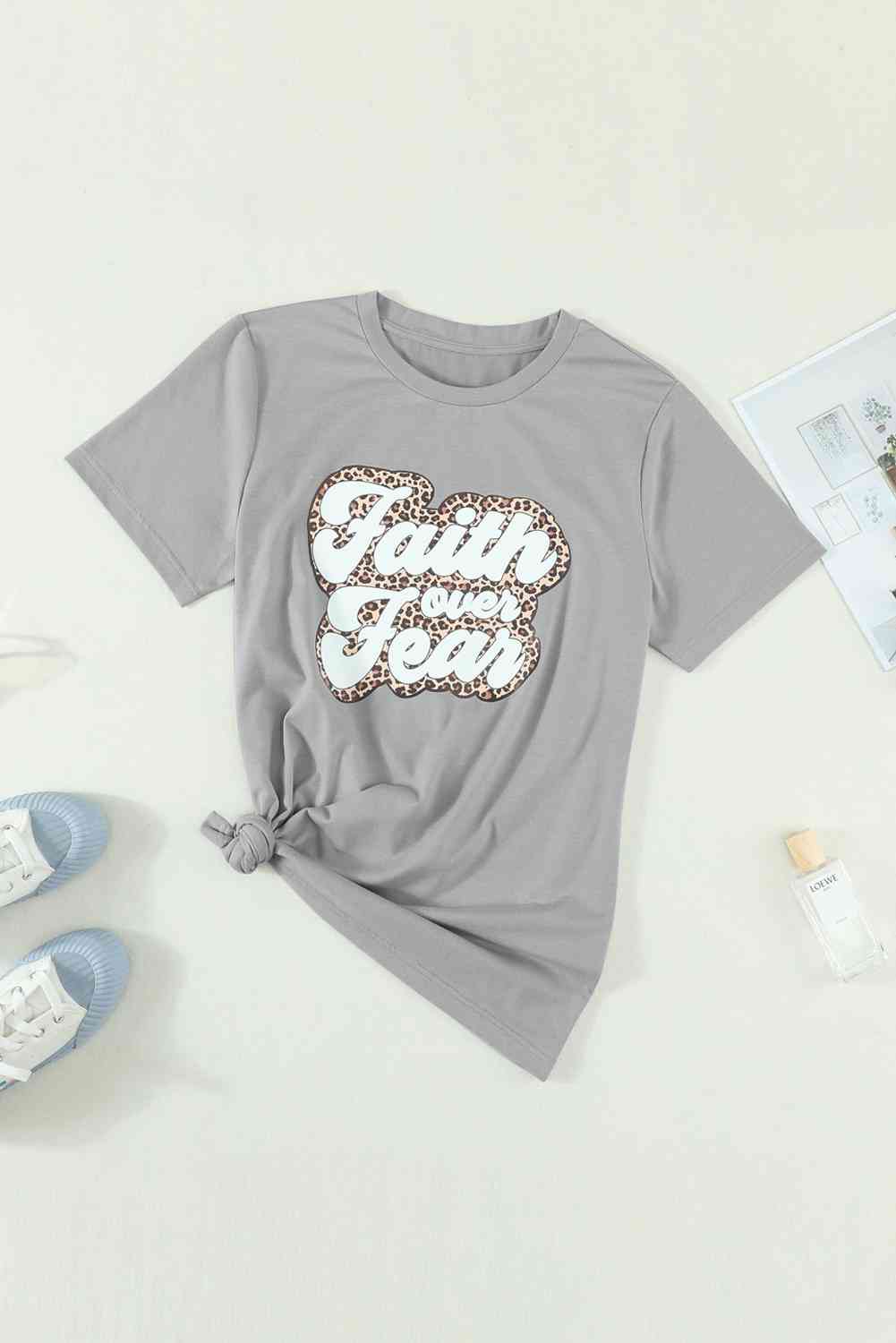 FAITH OVER FEAR Ladies Short Sleeve Graphic Tee{{ shop.domain }TrendsiAnimal print Christian t shirts, Animal print Christian tees, Christian T shirt, Christian T shirt f