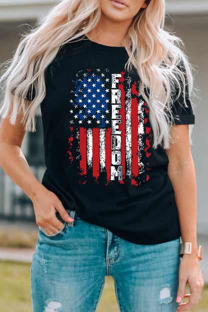 FREEDOM US Flag Graphic Round Neck Tee - Premium Ladies T-Shirt -  Follower Of Faith Apparel Ship From Overseas, SYNZ Shop our Christian T-Shirts & Apparel