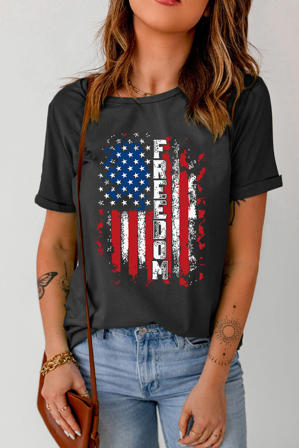 FREEDOM US Flag Graphic Round Neck Tee - Premium Ladies T-Shirt -  Follower Of Faith Apparel Ship From Overseas, SYNZ Shop our Christian T-Shirts & Apparel