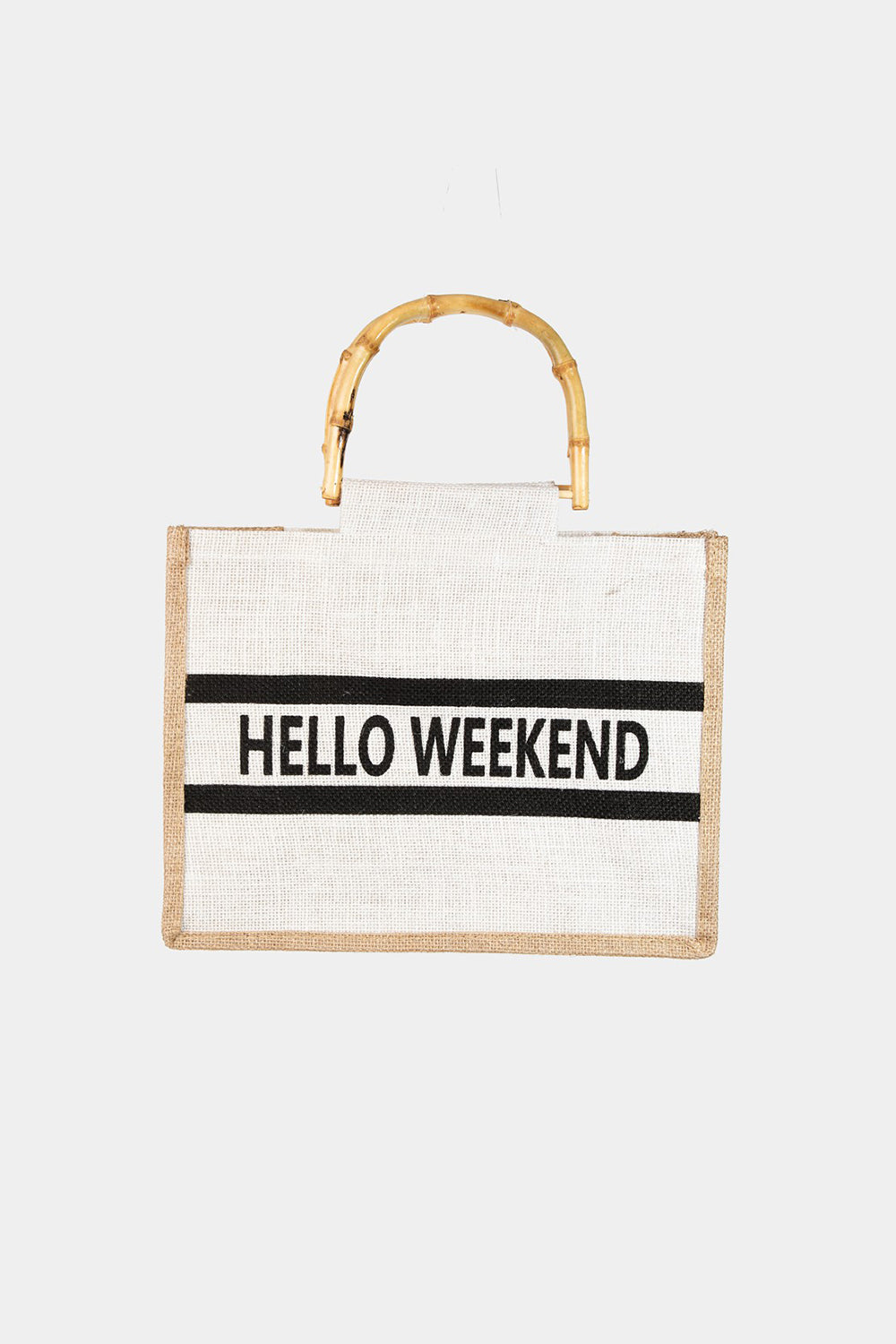 Fame Bamboo Handle Hello Weekend Tote Bag - Premium Bag -  Follower Of Faith Apparel Bags, Boho bag, book tote bags, Fame Accessories, Fast delivery, fast shipping, Handbag, Ladies bag, Large bag, Ship from USA, Tote bag, Trending bags, Weekender Bags Shop our Christian T-Shirts & Apparel