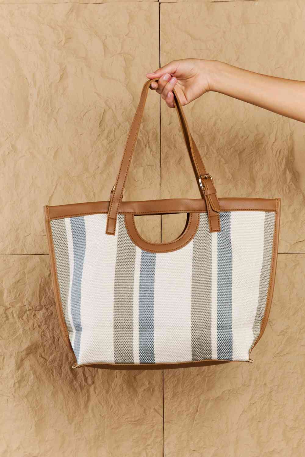 Fame Striped In The Sun Faux Leather Trim Tote Bag - Premium Bag -  Follower Of Faith Apparel Bags, Fame Accessories, Ladies hand bag, Purses, Ship from USA, Striped bag, Weekender Bags Shop our Christian T-Shirts & Apparel