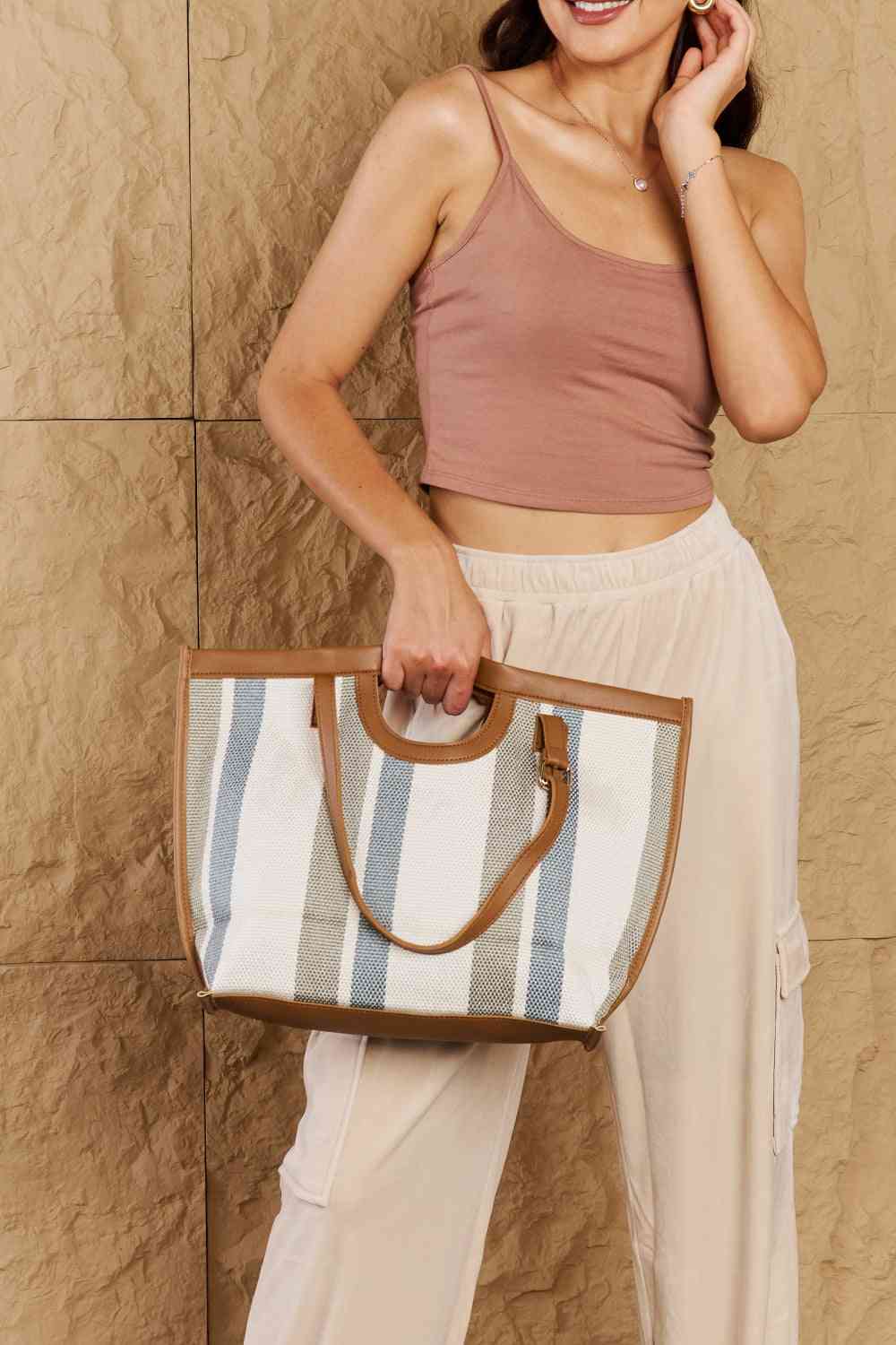 Fame Striped In The Sun Faux Leather Trim Tote Bag - Premium Bag -  Follower Of Faith Apparel Bags, Fame Accessories, Ladies hand bag, Purses, Ship from USA, Striped bag, Weekender Bags Shop our Christian T-Shirts & Apparel