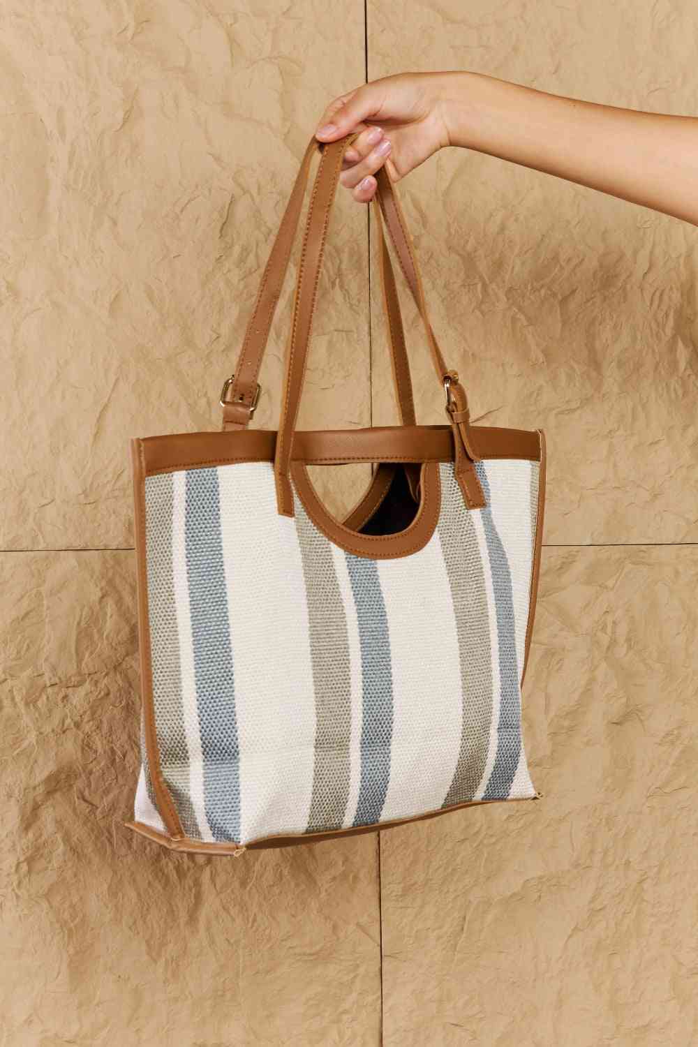 Fame Striped In The Sun Faux Leather Trim Tote Bag - Premium Bag -  Follower Of Faith Apparel Bags, Fame Accessories, Ladies hand bag, Purses, Ship from USA, Striped bag, Weekender Bags Shop our Christian T-Shirts & Apparel