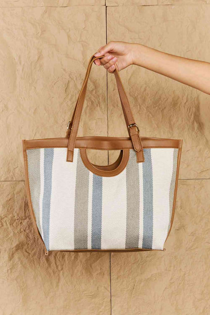 Fame Striped In The Sun Faux Leather Trim Tote Bag - Premium Bag -  Follower Of Faith Apparel Bags, Fame Accessories, Ladies hand bag, Purses, Ship from USA, Striped bag, Weekender Bags Shop our Christian T-Shirts & Apparel