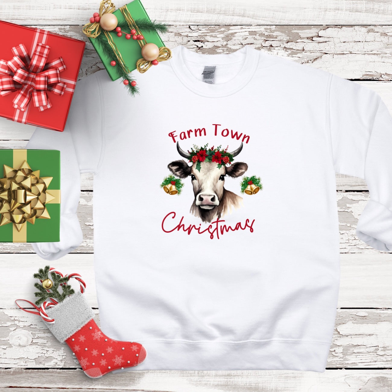 Farm Town Christmas Ladies Sweatshirt - Premium Sweatshirt -  Follower Of Faith Apparel Christmas apparel, Christmas clothing for women, Cow Christmas sweatshirt, Cow town, Crew neck, DTG, Holiday sweatshirts, Holiday sweatshirts for women, Ladies Christmas sweater, Ladies sweatshirt, new arrival, Regular fit, Sweatshirts, Unisex, Valentine's Day Picks, Women's Clothing, Women’s Christian sweatshirts Shop our Christian T-Shirts & Apparel