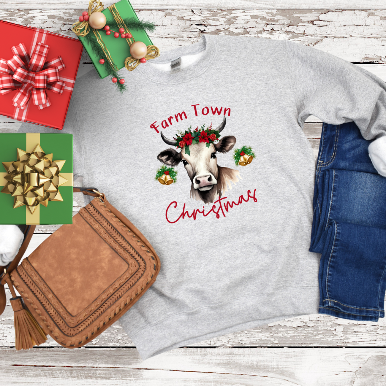 Farm Town Christmas Ladies Sweatshirt - Premium Sweatshirt -  Follower Of Faith Apparel Christmas apparel, Christmas clothing for women, Cow Christmas sweatshirt, Cow town, Crew neck, DTG, Holiday sweatshirts, Holiday sweatshirts for women, Ladies Christmas sweater, Ladies sweatshirt, new arrival, Regular fit, Sweatshirts, Unisex, Valentine's Day Picks, Women's Clothing, Women’s Christian sweatshirts Shop our Christian T-Shirts & Apparel